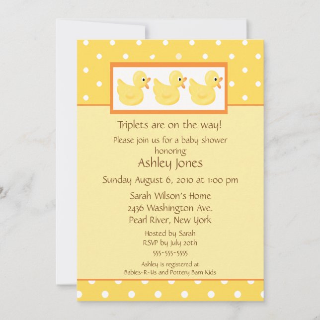 Yellow Ducks Triplets Baby Shower Invitation (Front)
