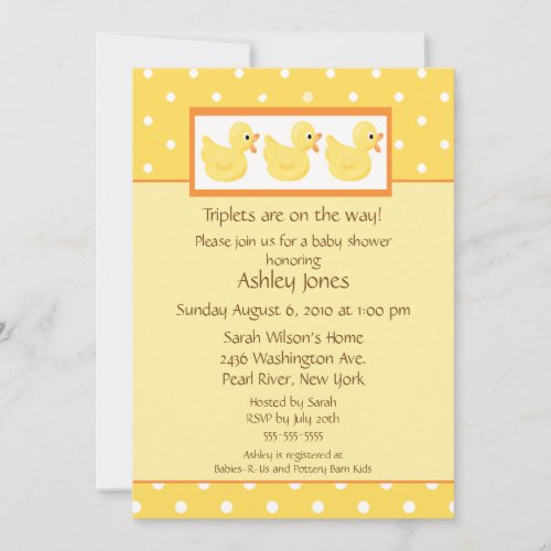 Yellow Ducks Triplets Baby Shower Invitation