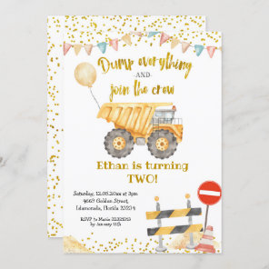 Yellow Dump Truck Boy Birthday Party Invitation