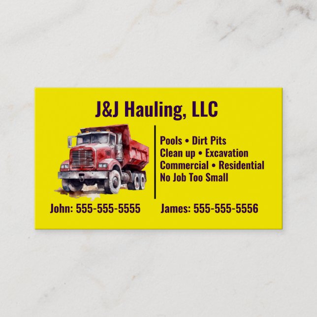 Yellow Dump Truck Business Card (Front)