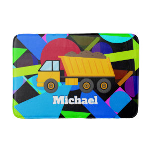 Yellow Dump Truck, Colorful Geometric Shapes, Name Bath Mat