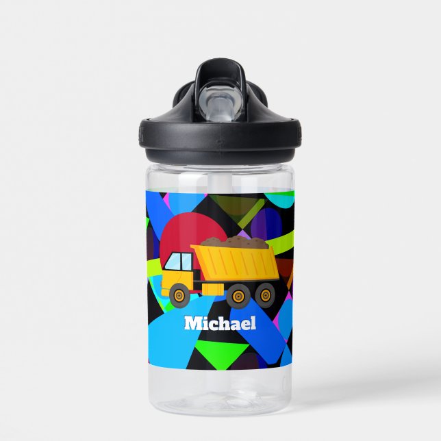 Yellow Dump Truck, Colorful Geometric Shapes, Name Water Bottle (Front)