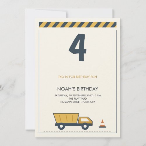 Yellow Dump Truck Construction Kids Birthday Invitation
