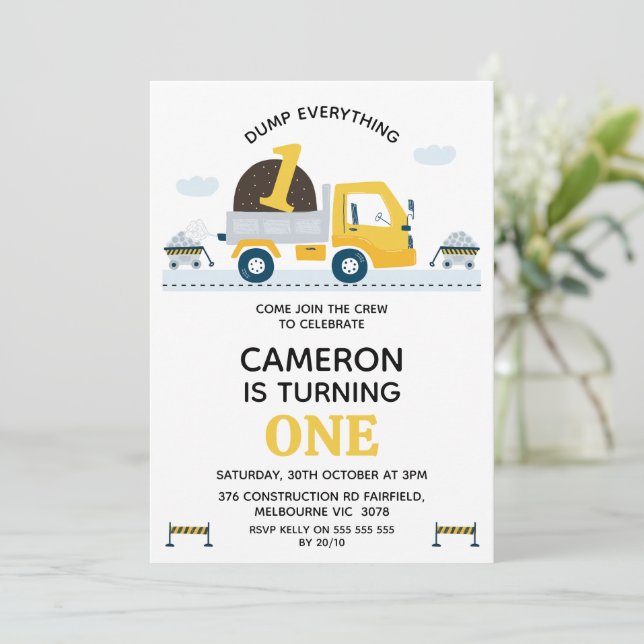 Yellow Dump Truck Dump Everything 1st Birthday Invitation (Standing Front)