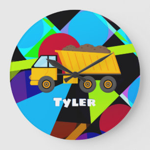 Yellow Dump Truck, Geometric Shapes, Child's Name Large Clock