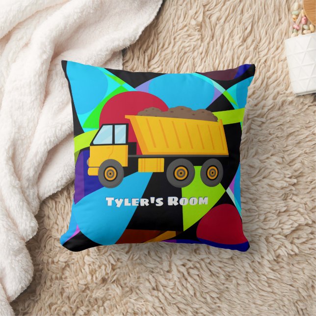 Yellow Dump Truck, Geometric Shapes, Child's Name Throw Pillow (Blanket)