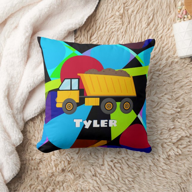 Yellow Dump Truck, Geometric Shapes, Child's Name Throw Pillow (Blanket)