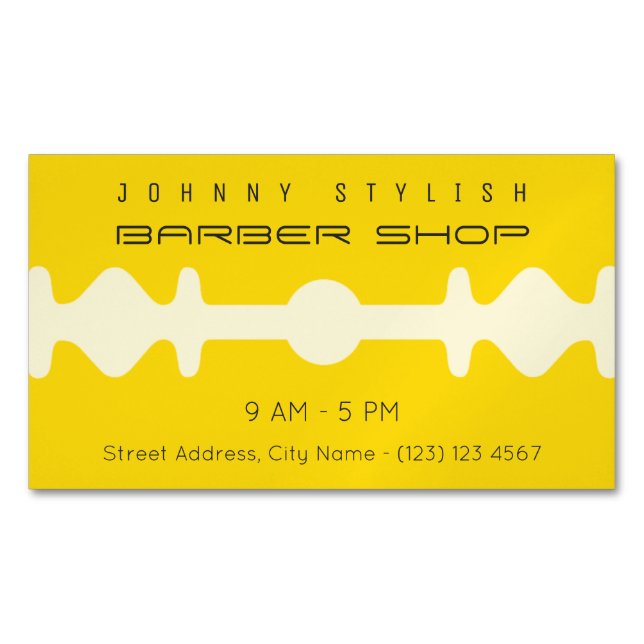Yellow duo tone razor blade shape frame cover business card magnet (Front)