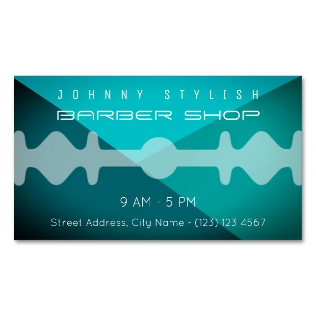 Yellow duo tone razor blade teal tone business card magnet (Front)
