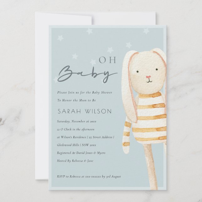 Yellow Dusky Blue Grey Bunny Oh Baby Shower Invite (Front)