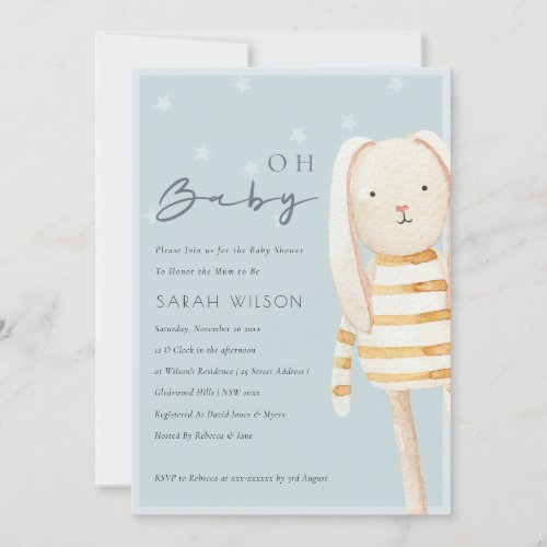 Yellow Dusky Blue Grey Bunny Oh Baby Shower Invite