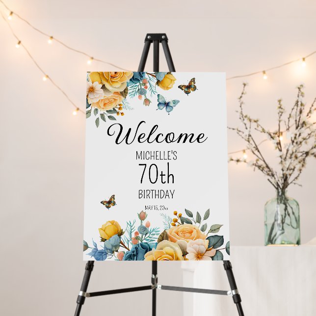 Yellow Dusty Blue Roses Birthday Welcome Foam Board (In Situ (Stand))