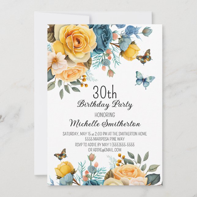 Yellow Dusty Blue Roses Butterflies 30th Birthday Invitation (Front)