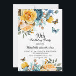 Yellow Dusty Blue Roses Butterflies 40th Birthday Invitation<br><div class="desc">40th birthday party invitation with beautiful yellow and dusty blue roses with cream-colored floral and butterflies. These invitations can be customized for anyone of any age. Contact me for assistance with your customizations or to request additional matching or coordinating Zazzle products for your celebration.</div>