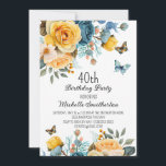 Yellow Dusty Blue Roses Butterflies 40th Birthday Invitation<br><div class="desc">40th birthday party invitation with beautiful yellow and dusty blue roses with cream-colored floral and butterflies. These invitations can be customized for anyone of any age. Contact me for assistance with your customizations or to request additional matching or coordinating Zazzle products for your celebration.</div>
