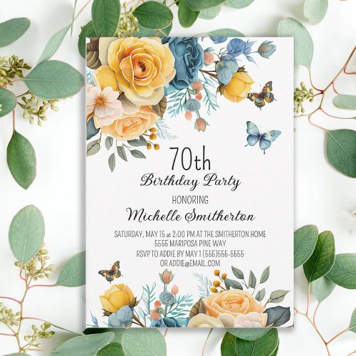 Yellow Dusty Blue Roses Butterflies 70th Birthday Invitation