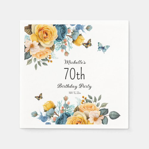 Yellow Dusty Blue Roses Butterflies 70th Birthday Napkins