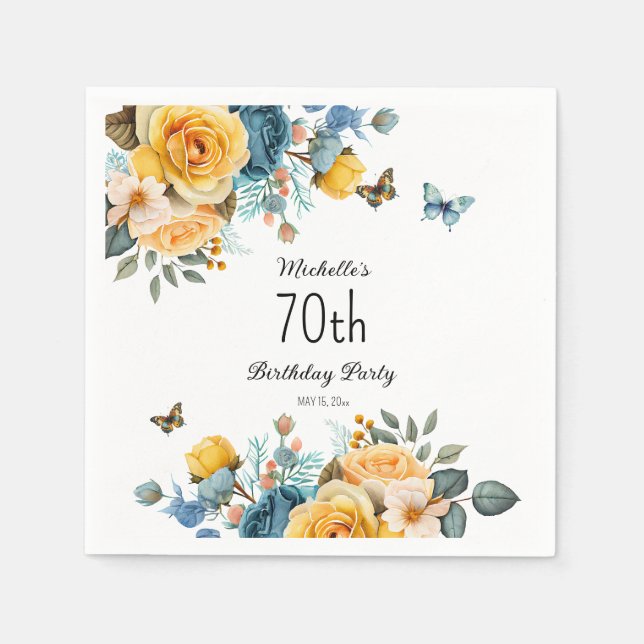 Yellow Dusty Blue Roses Butterflies 70th Birthday Napkins (Front)