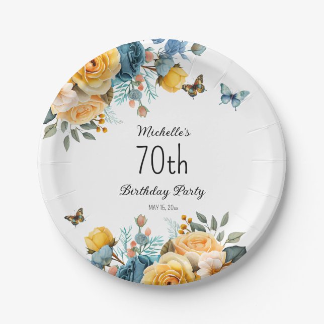 Yellow Dusty Blue Roses Butterflies 70th Birthday Paper Plates (Front)