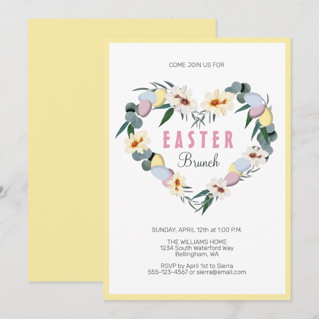 Yellow Easter Eggs Flowers Heart Wreath Brunch Invitation (Front/Back)
