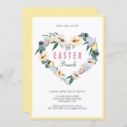 Yellow Easter Eggs Flowers Heart Wreath Brunch Invitation