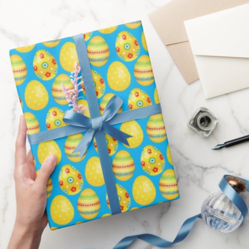 Yellow Easter Eggs On Aqua Wrapping Paper