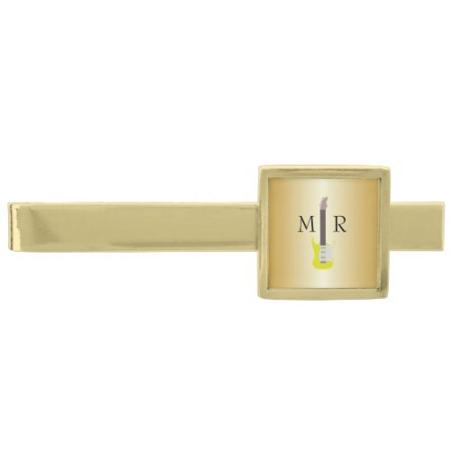 Yellow Electric Guitar Monogrammed Gold Finish Tie Bar