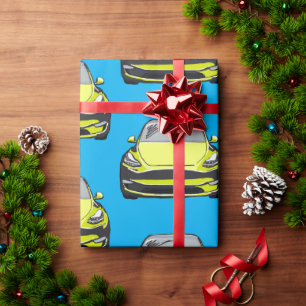 Yellow Electric Vehicle SUV Car Blue Background Wrapping Paper
