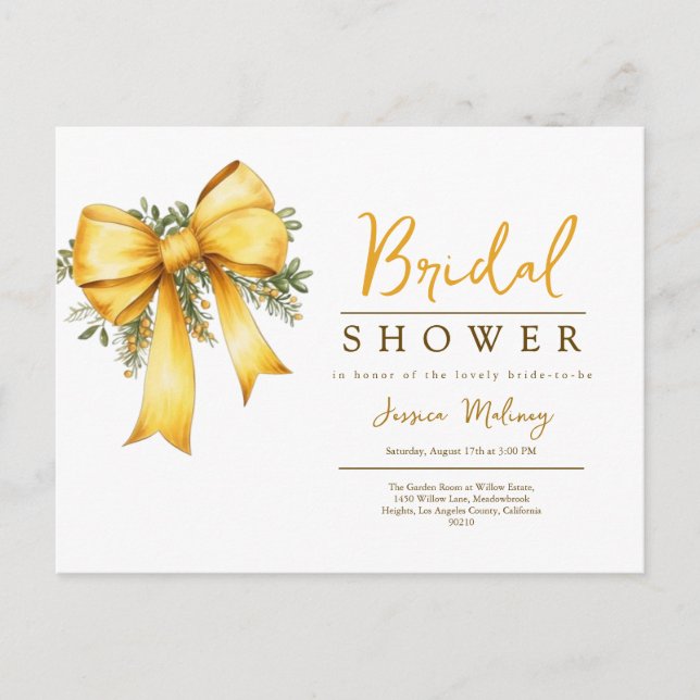 Yellow elegant coquette bridal shower invitation postcard (Front)
