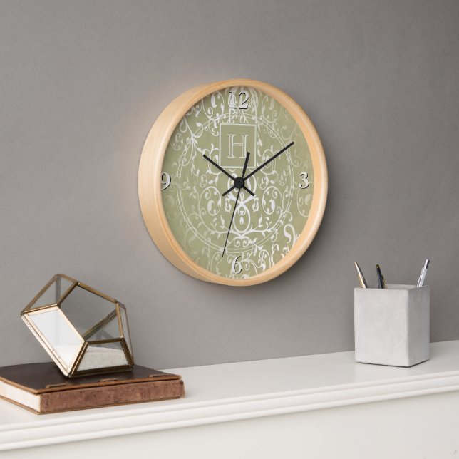 Yellow Elegant Flourish Monogram Clock (Office)