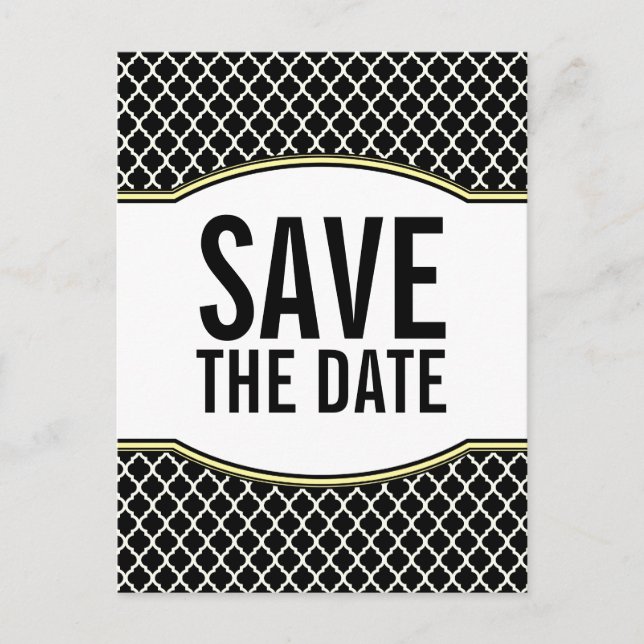 Yellow Elegant Quatrefoil Save the Date Postcard (Front)