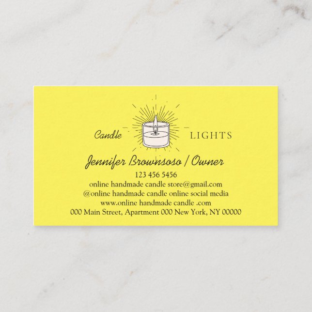 Yellow Elegant Soy Handmade Candle Business Card (Back)