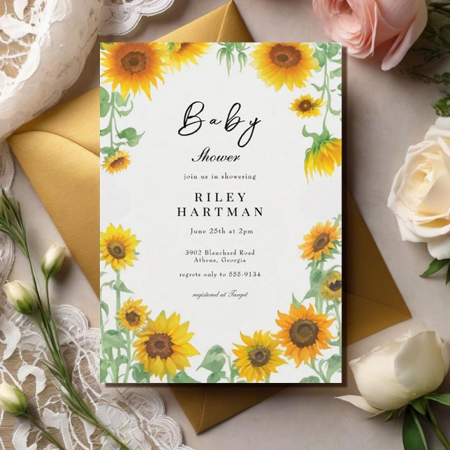 Yellow Elegant Sunflower Sunny Baby Shower Invitation (Creator Uploaded)