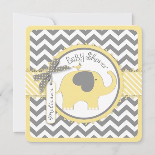 Yellow Elephant and Chevron Print Baby Shower Invitation