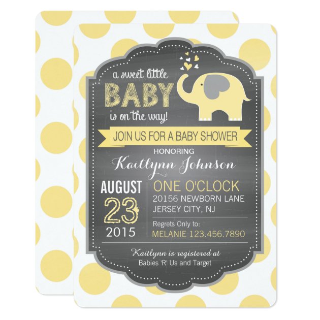 Yellow Elephant And Dots Baby Shower Invitation