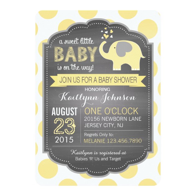 Yellow Elephant And Dots Baby Shower Invitation