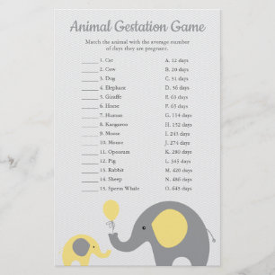Yellow Elephant Animal Gestation Match Shower Game Flyer