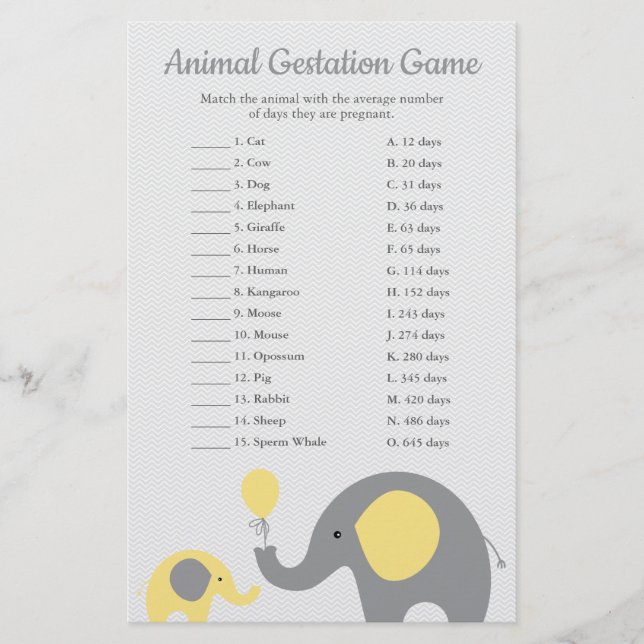 Yellow Elephant Animal Gestation Match Shower Game Flyer (Front)
