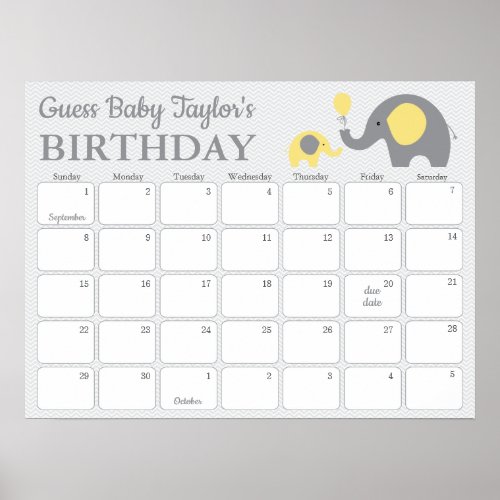 Yellow Elephant Baby Birthday Prediction Calendar Poster