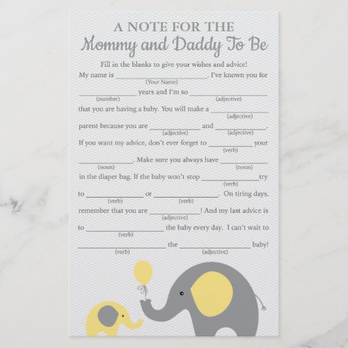 Yellow Elephant Baby Shower Advice Game Cards