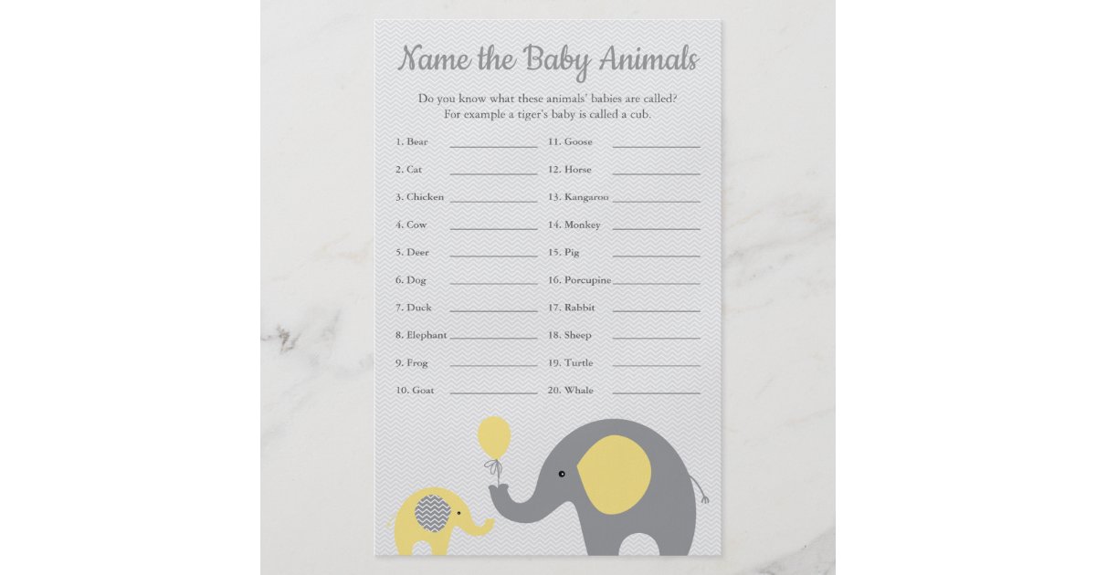Yellow Elephant Baby Shower Baby Animal Name Game Flyer Zazzle Com Yellow Elephant Baby Shower Baby Animal Name Game Flyer Zazzle Com