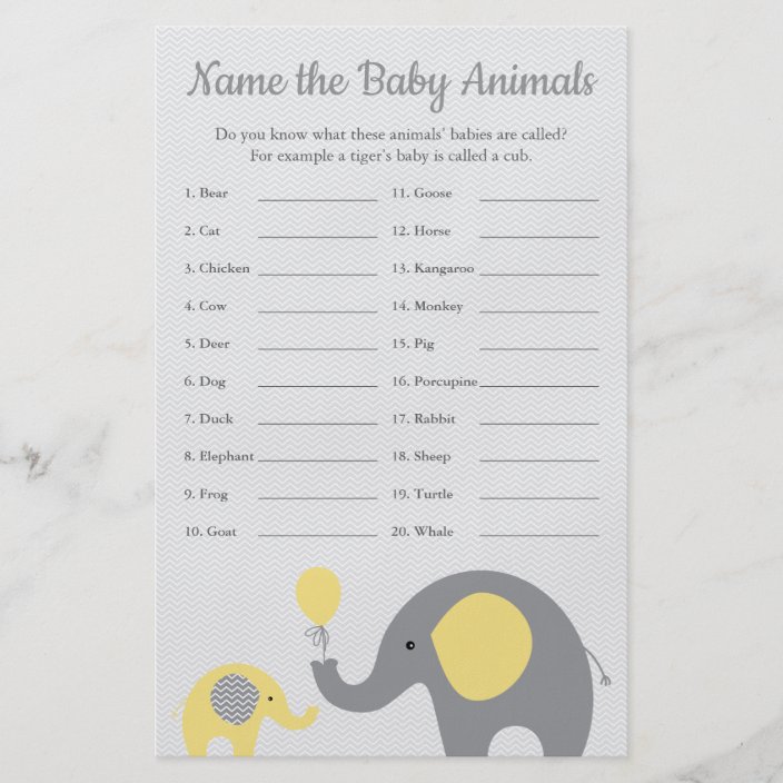 Yellow Elephant Baby Shower Baby Animal Name Game Flyer Zazzle Com