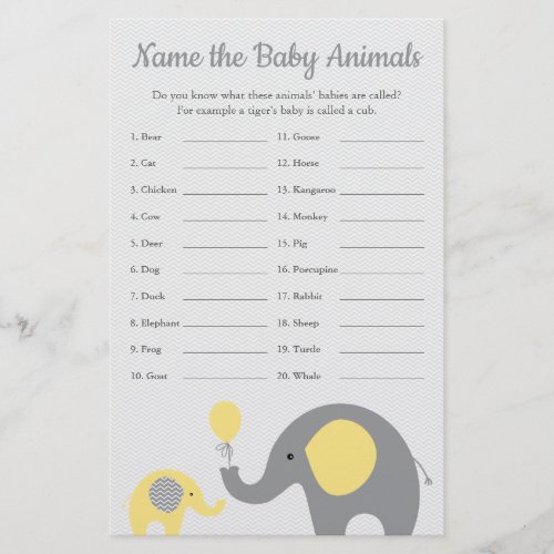 Yellow Elephant Baby Shower Baby Animal Name Game Flyer