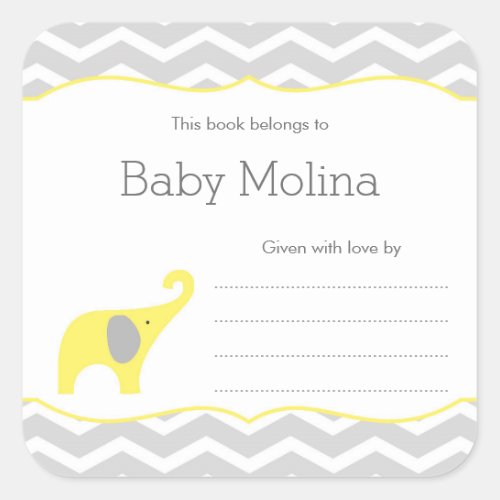 Yellow Elephant Baby Shower Bookplate neutral Square Sticker