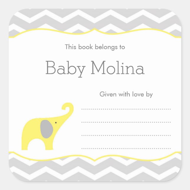 Yellow Elephant Baby Shower Bookplate, neutral Square Sticker (Front)