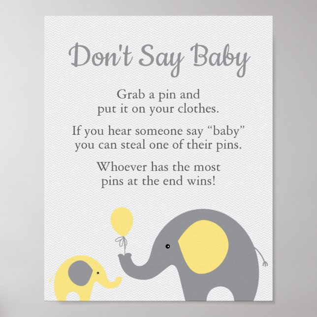 Yellow Elephant Baby Shower Don't Say Baby Sign (Front)