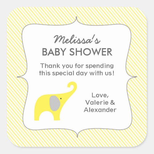 Yellow elephant baby shower favor thank you square sticker