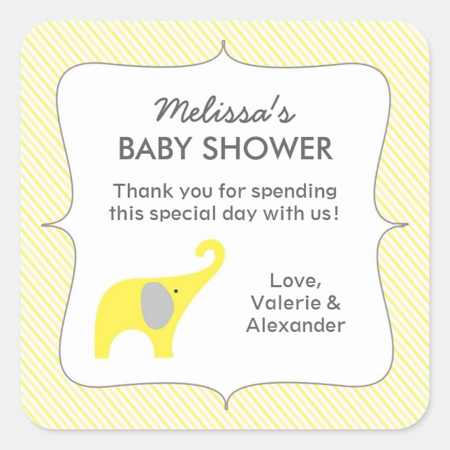 Yellow elephant baby shower favor thank you square sticker (Front)