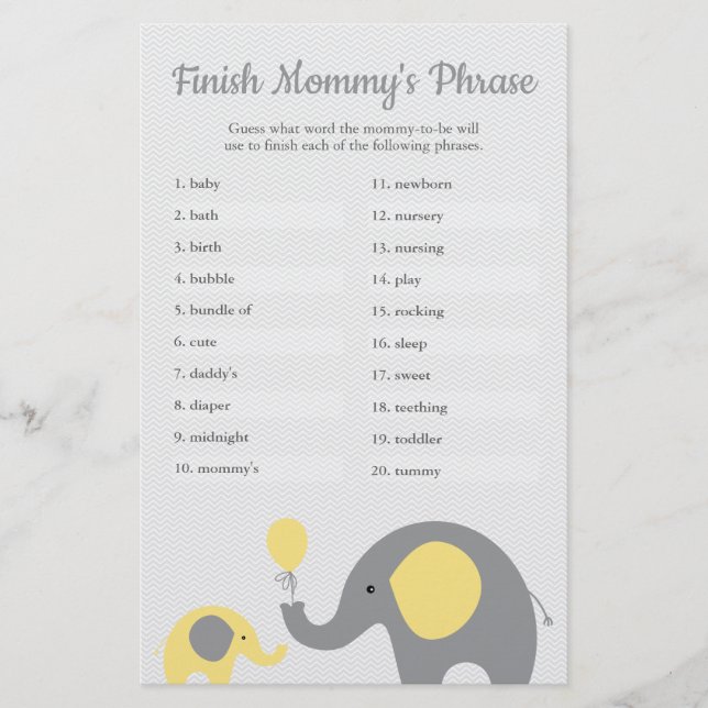 Yellow Elephant Baby Shower Finish Mommy's Phrase Flyer (Front)