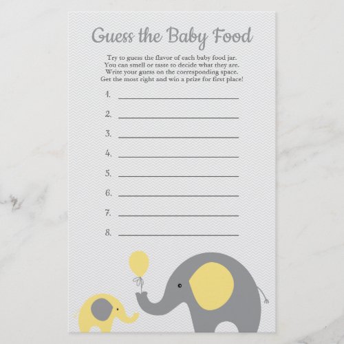 Yellow Elephant Baby Shower Guess Baby Food Game Flyer